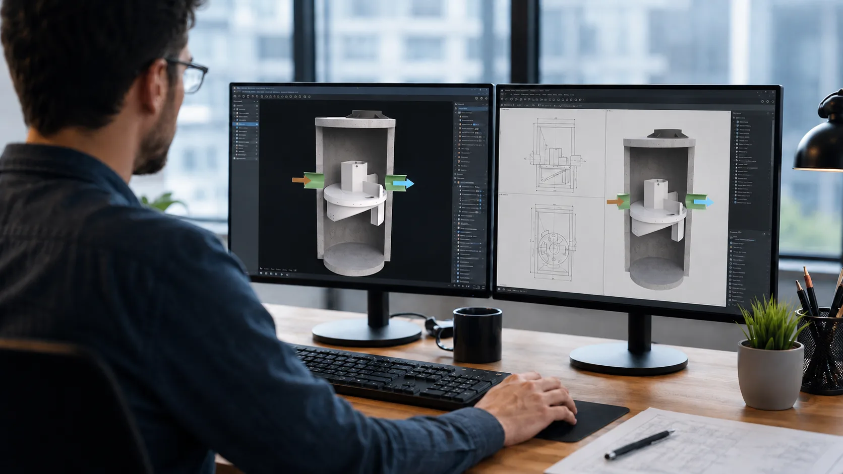 Engineer designing an oil-grit separator in 3D CAD with technical drawings